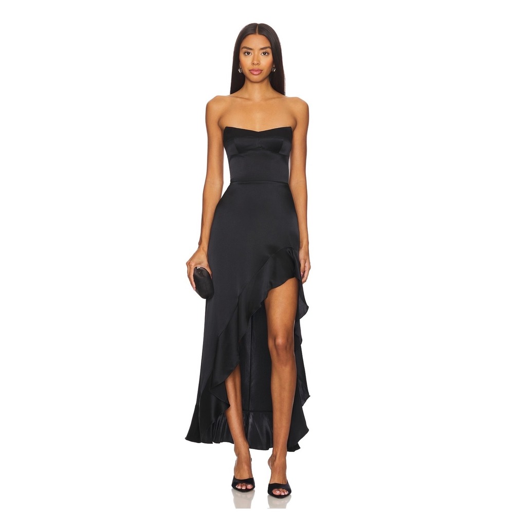 Amanda Uprichard Alyse Dress Black 100% Silk Strapless High-Low Ruffle Gown Sz S